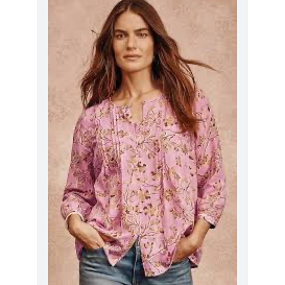 J.Jill Printed A-line pintucked Top Blouse Boho Cottagecore Shabby Chic Trendy